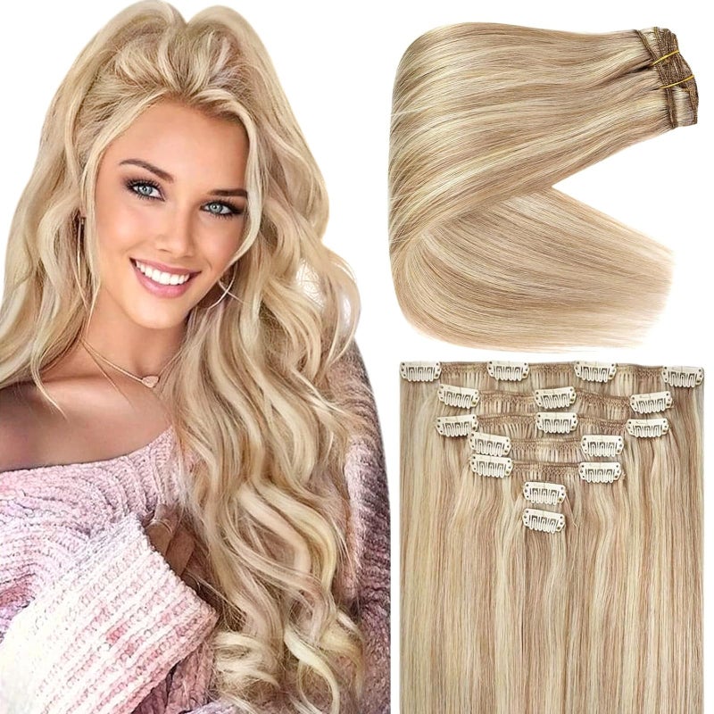 Ve Sunny Real Hair Extensions Clip in Human Hair Full Head Remy Blonde Hair Extensions Clip in Highlight Extension for Women Warm Color 7pcs 120g 18inch - Image 1
